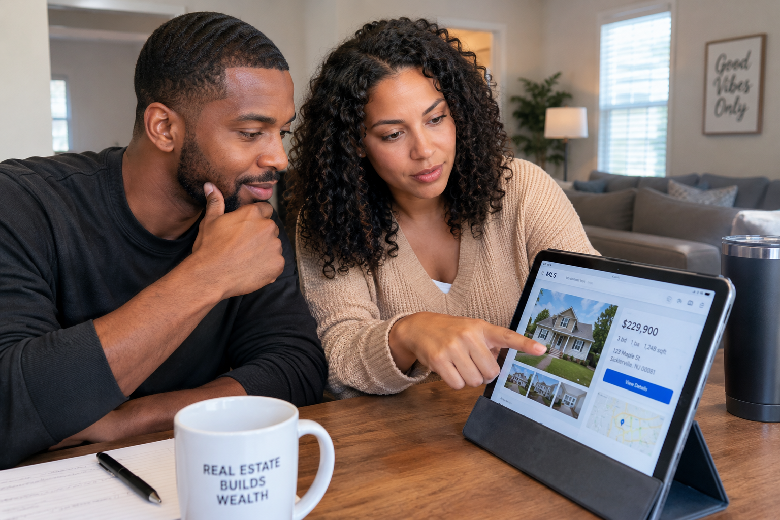 A couple reviewing a rental property analysis together on a tablet